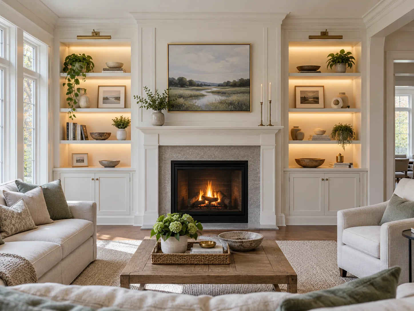 AI-generated concept of living room fireplace flanked by custom shelves and base cabinets