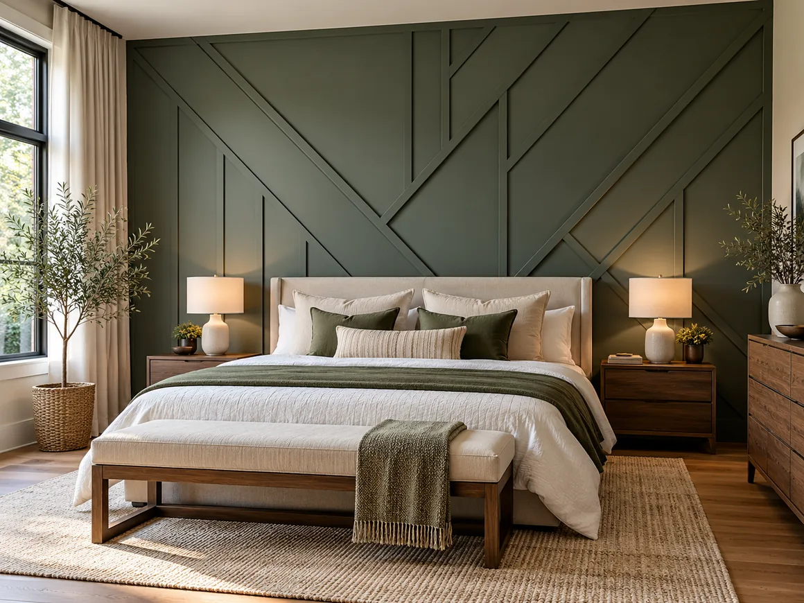 AI-generated geometric board and batten accent wall in a bedroom