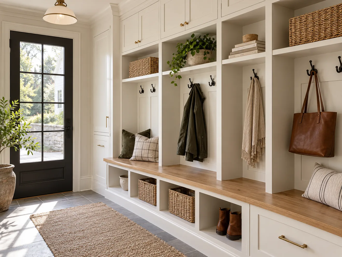 AI-generated concept of white custom mudroom lockers, shoe storage and natural wood bench