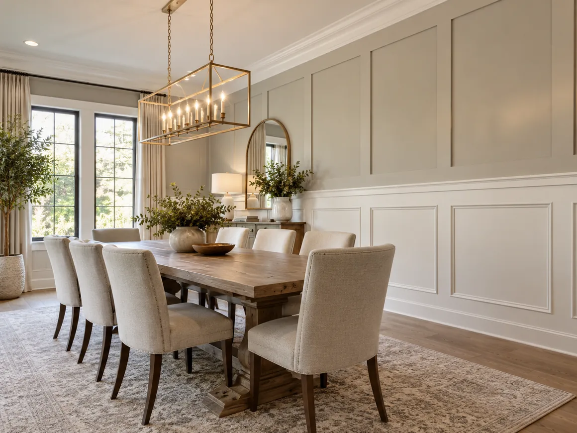 AI-generated dining room with decorative white panel molding and wainscoting