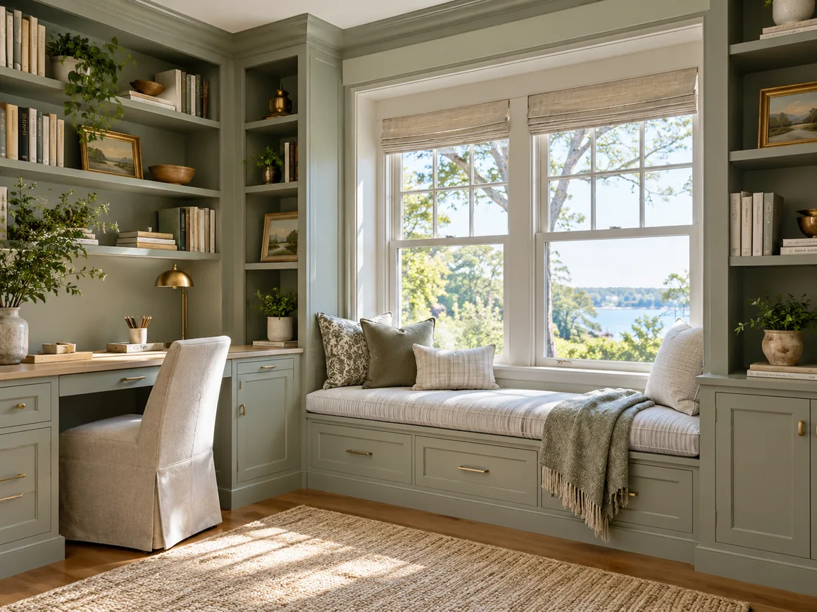 AI-generated custom library built-ins and a window seat
