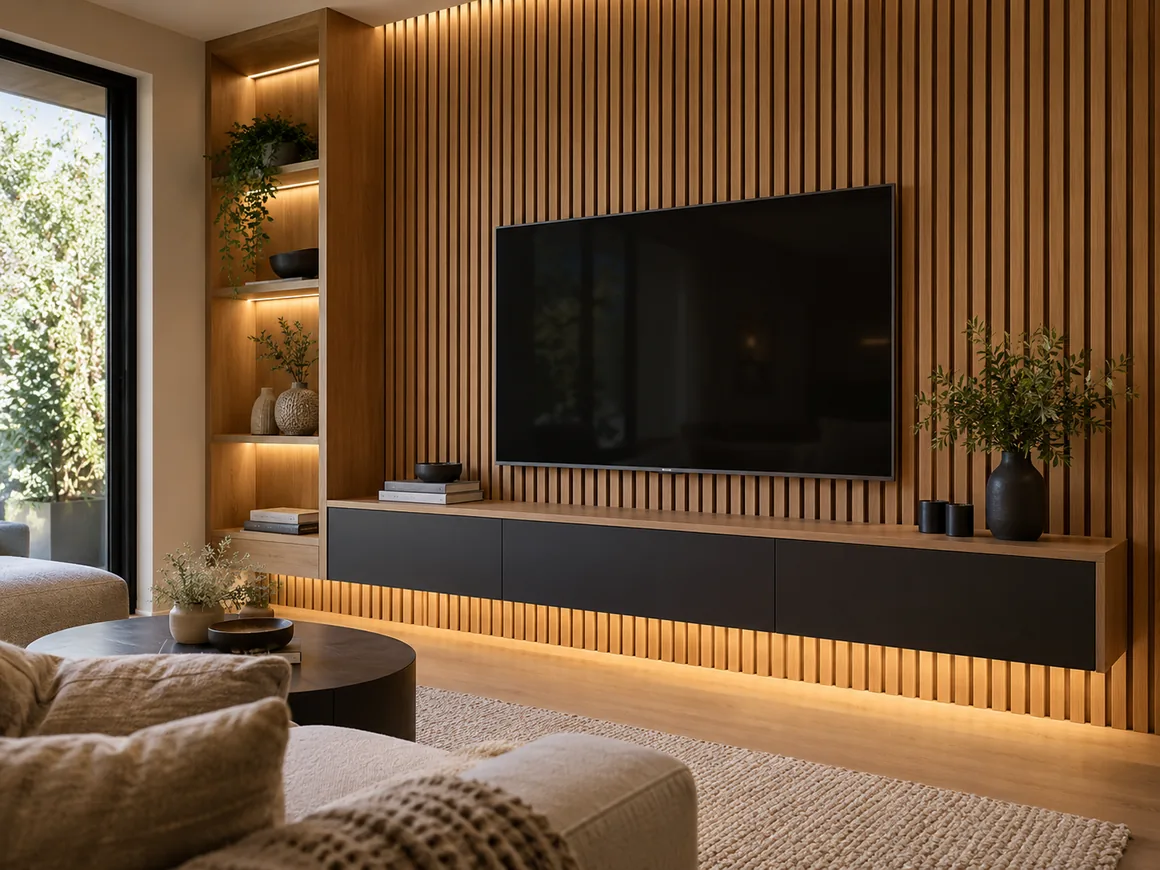 AI-generated warm wood slat media wall with custom cabinets
