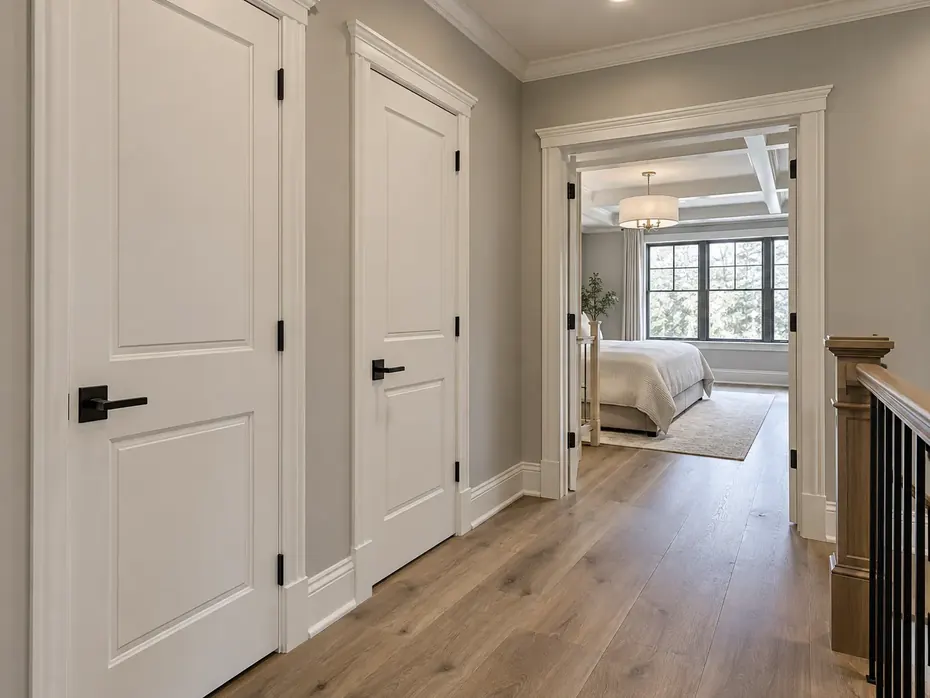 Illustrative painted interior doorway with clean casing and coordinated molding