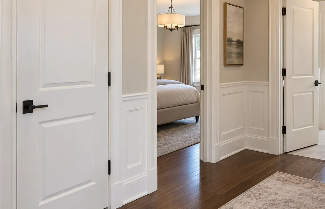 AI-generated illustrative residential baseboards with clean transitions and simple door casing