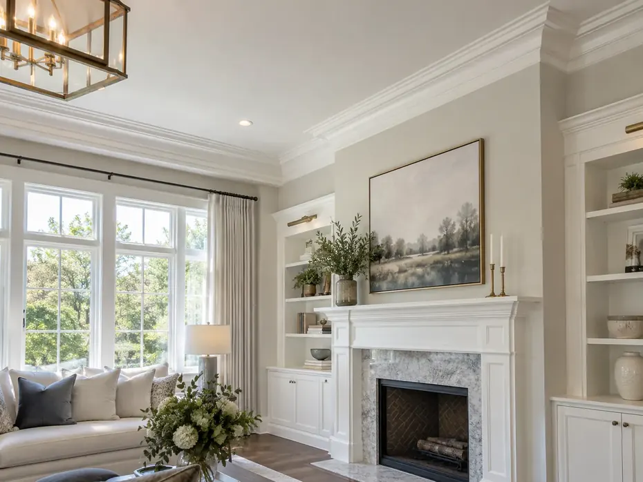 Illustrative comfortable living room with baseboard and crown trim details