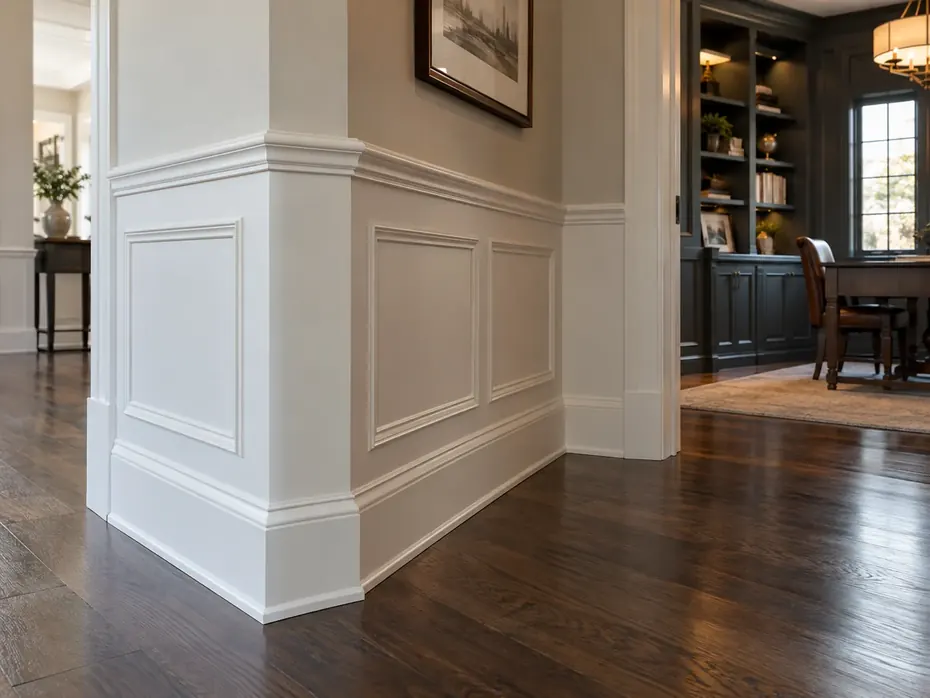 Illustrative classic hallway with understated wainscoting and trim