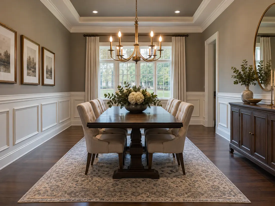 Illustrative white wainscoting in a traditional dining room