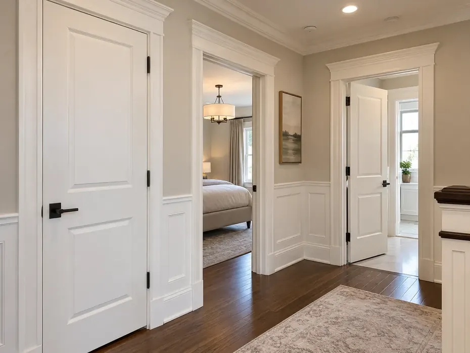 Illustrative finished hallway with painted doors and matching trim