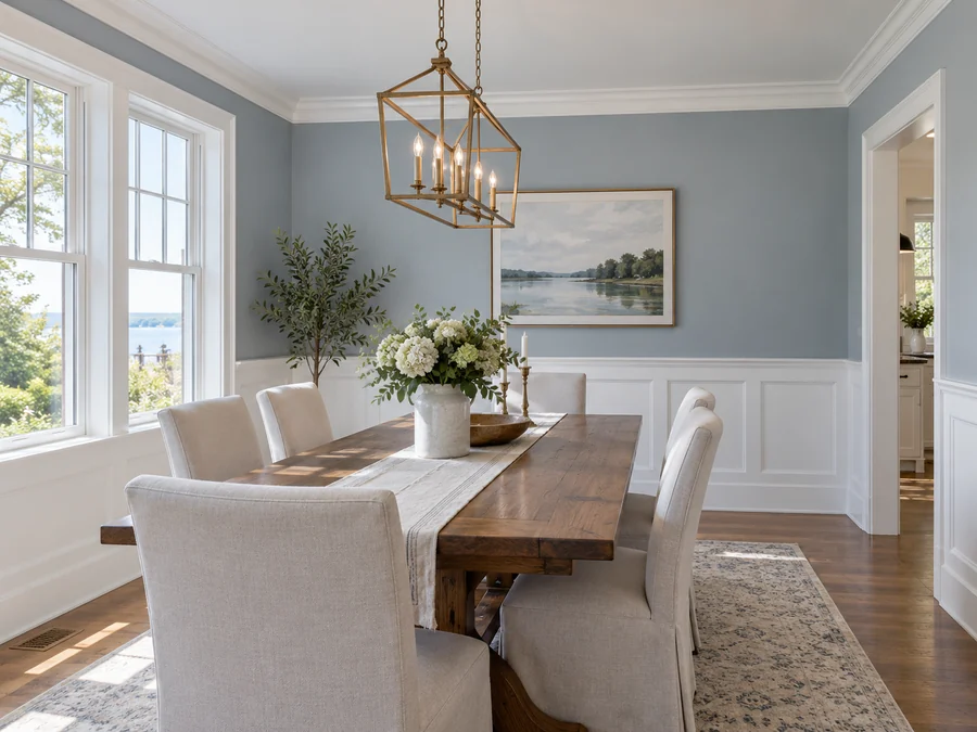 Illustrative interior painting inspiration with blue-gray walls and white trim