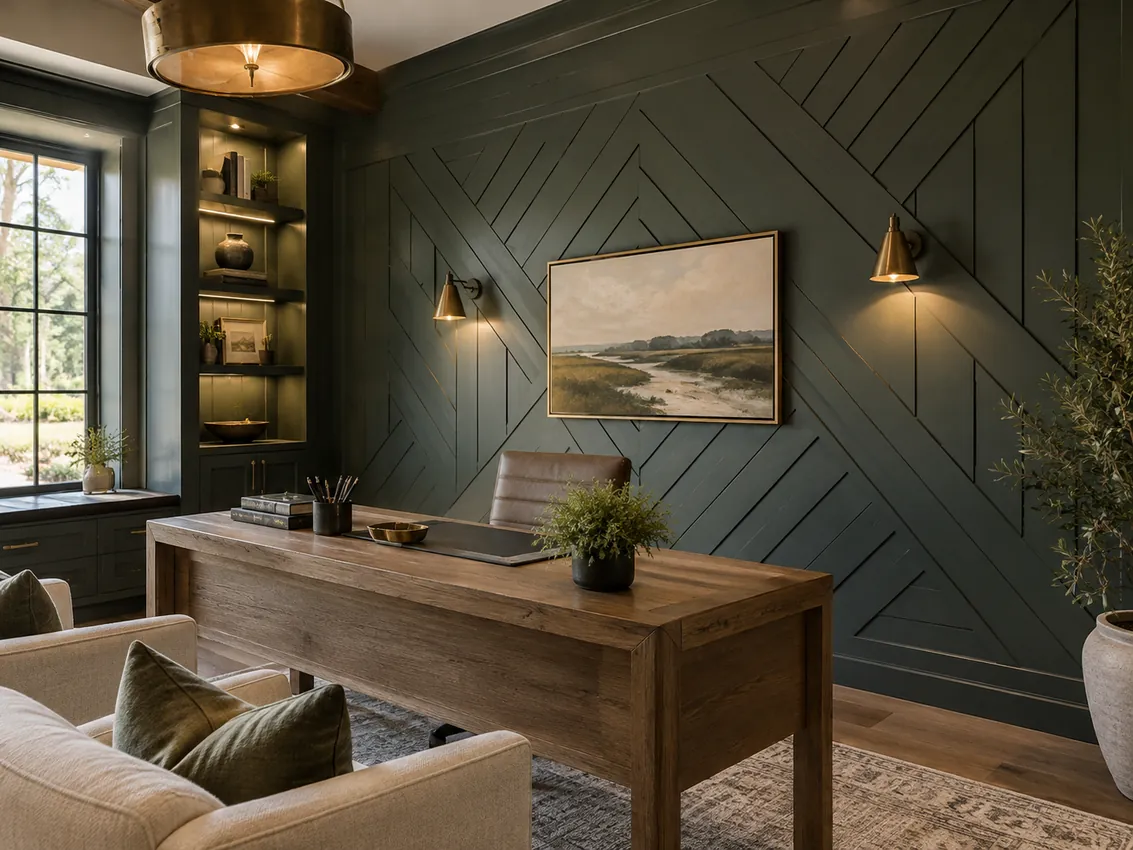 Geometric decorative wall paneling with painted dark finish in a home office — AI-generated design illustration