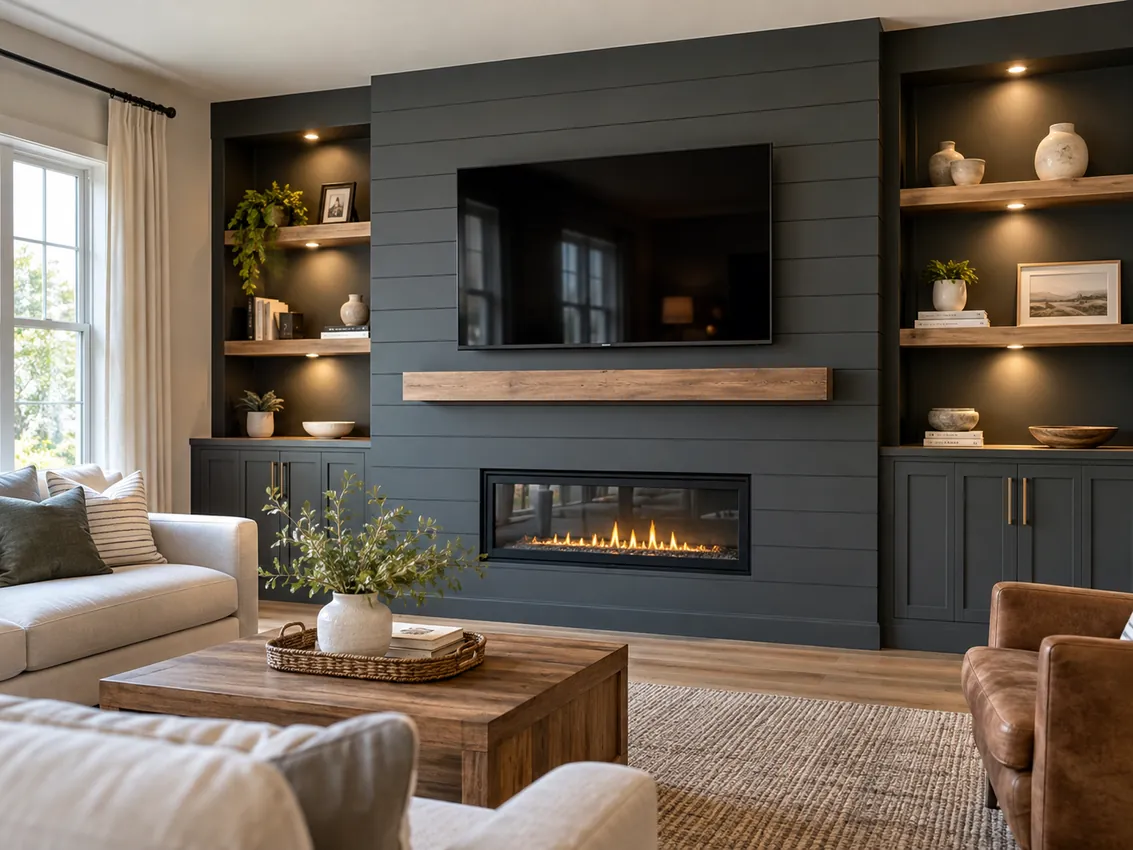 Horizontal shiplap with a fireplace feature wall in a residential living room — AI-generated design illustration
