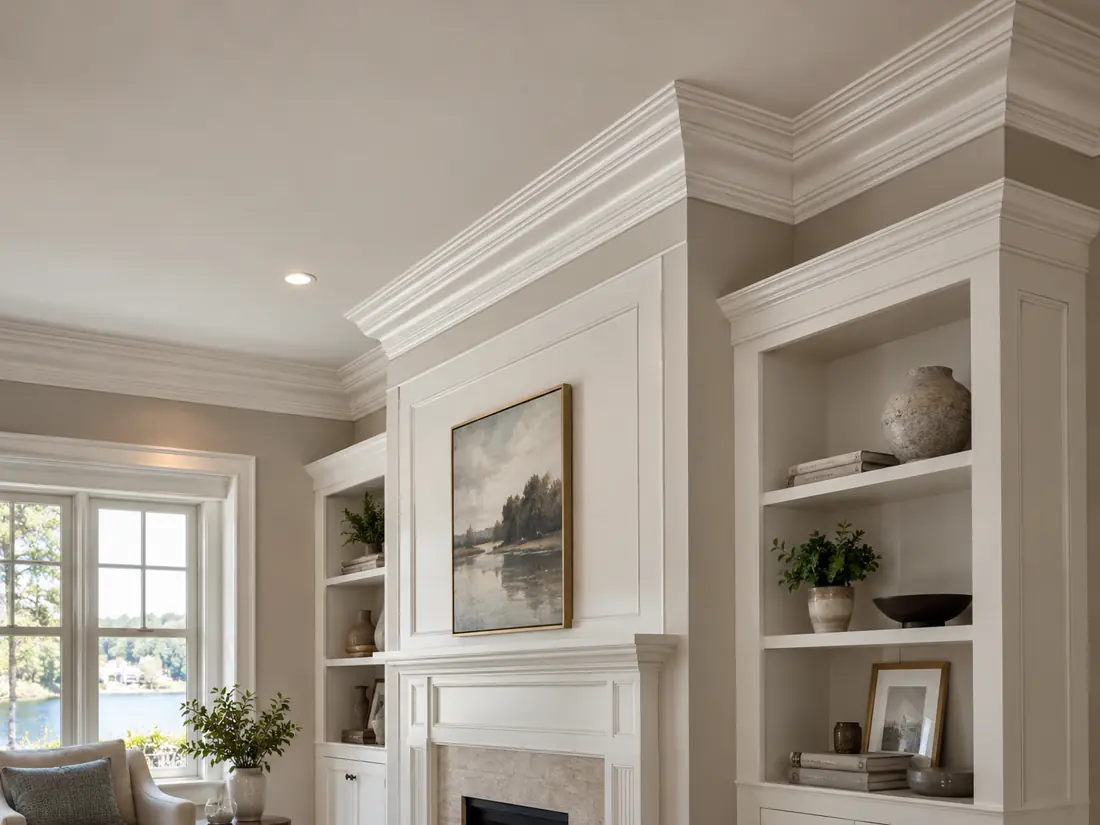 AI-generated illustration of crown molding in a living room with fireplace and built-ins
