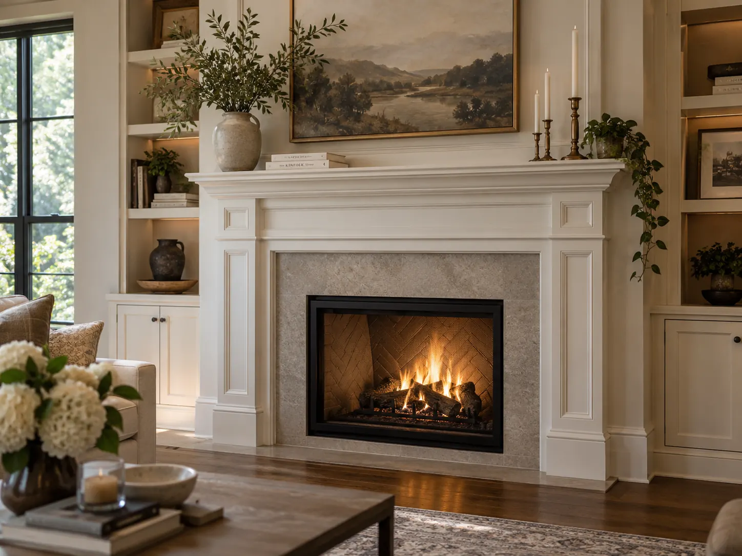 Illustrative fireplace mantel concept in a cozy living room