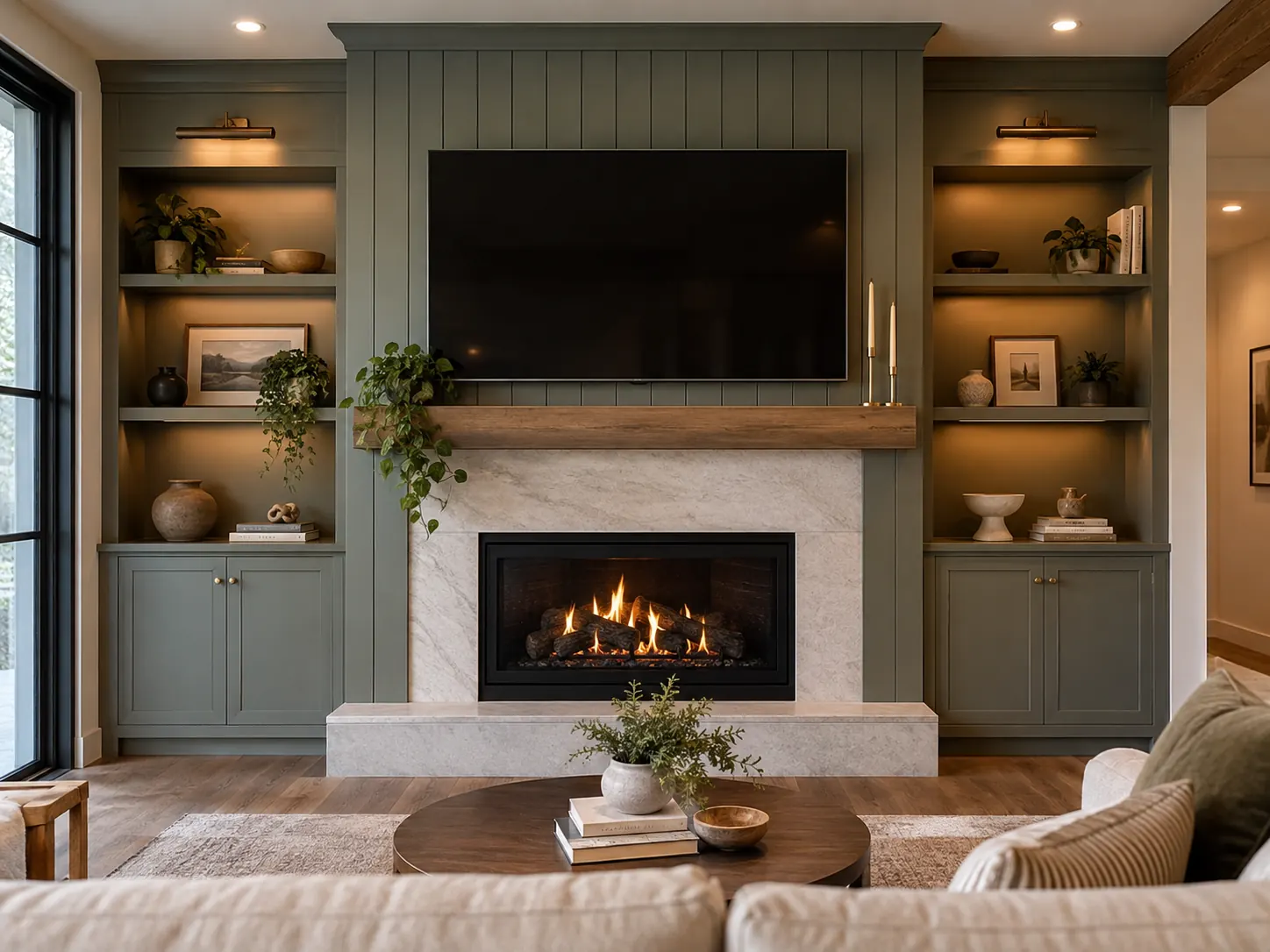 Illustrative modern fireplace accent wall with built-ins and panel detail