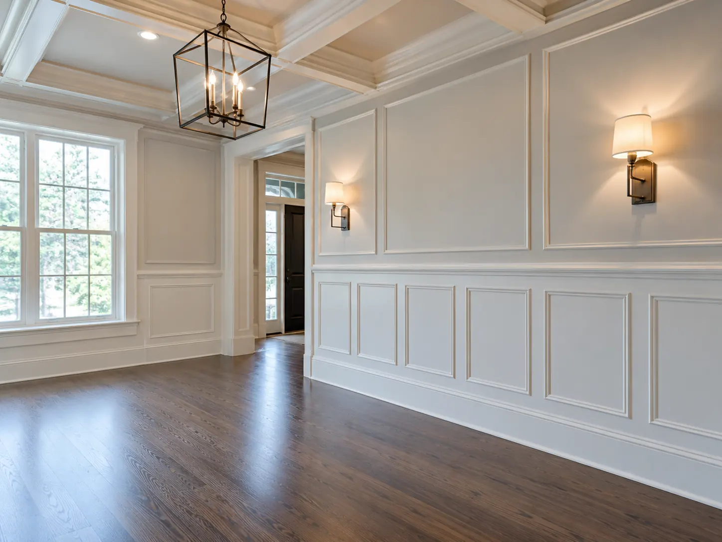 Illustrative crown molding concept in an elegant hallway with detailed ceiling trim and chandelier
