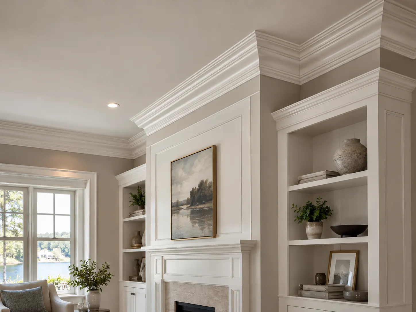 Illustrative crown molding concept around a fireplace wall with layered trim and built-ins