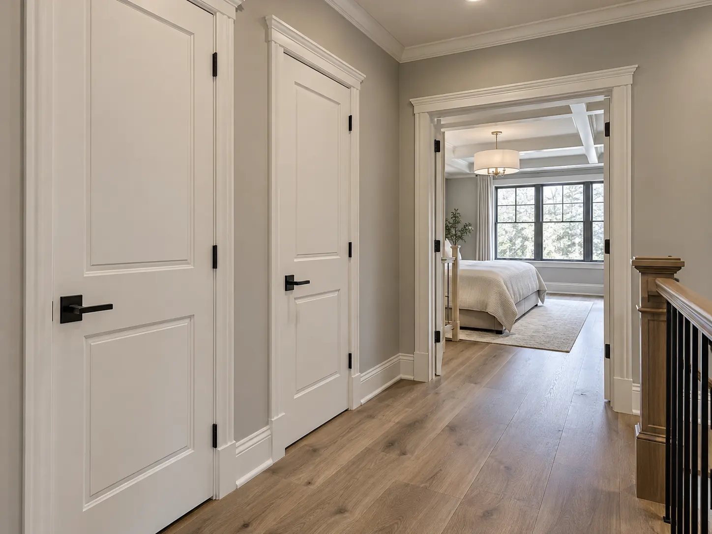 Illustrative interior doors and casing concept in a finished hallway