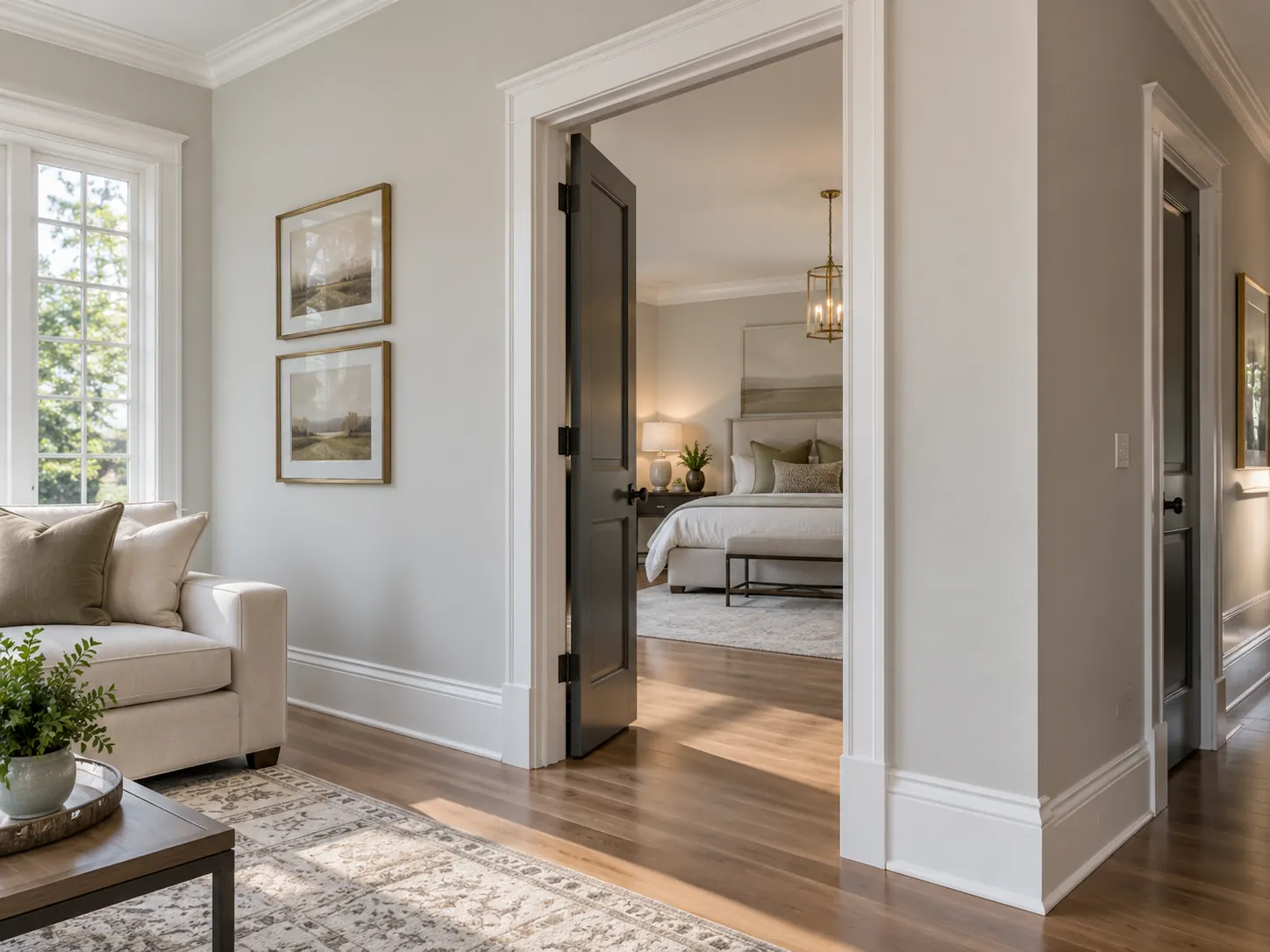 Illustrative interior trim concept showing clean casing and baseboard details leading into a bedroom
